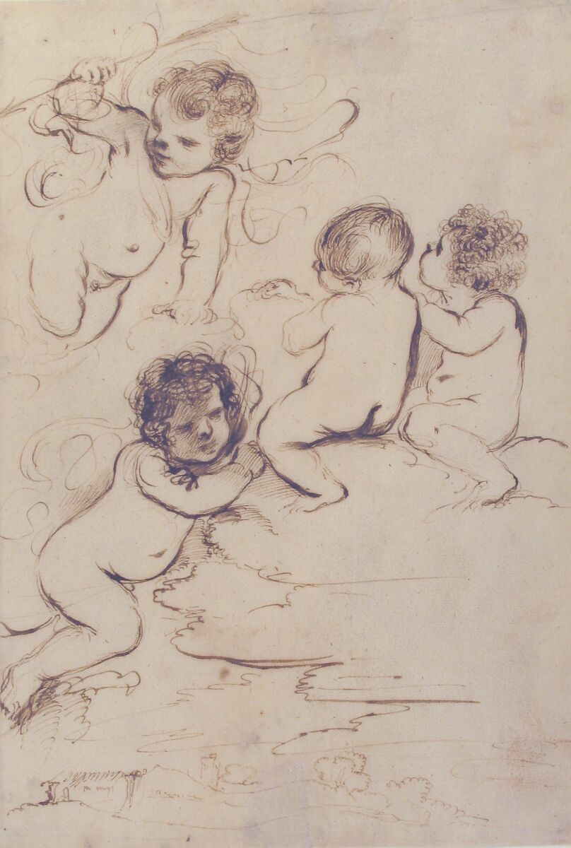 Four Putti with Bow and Arrows on Clouds above a Landscape with a Tower, Guercino (Giovanni Francesco Barbieri) (Italian, Cento 1591–1666 Bologna), Pen and brown ink, with brush and brown wash ; some red chalk transferred