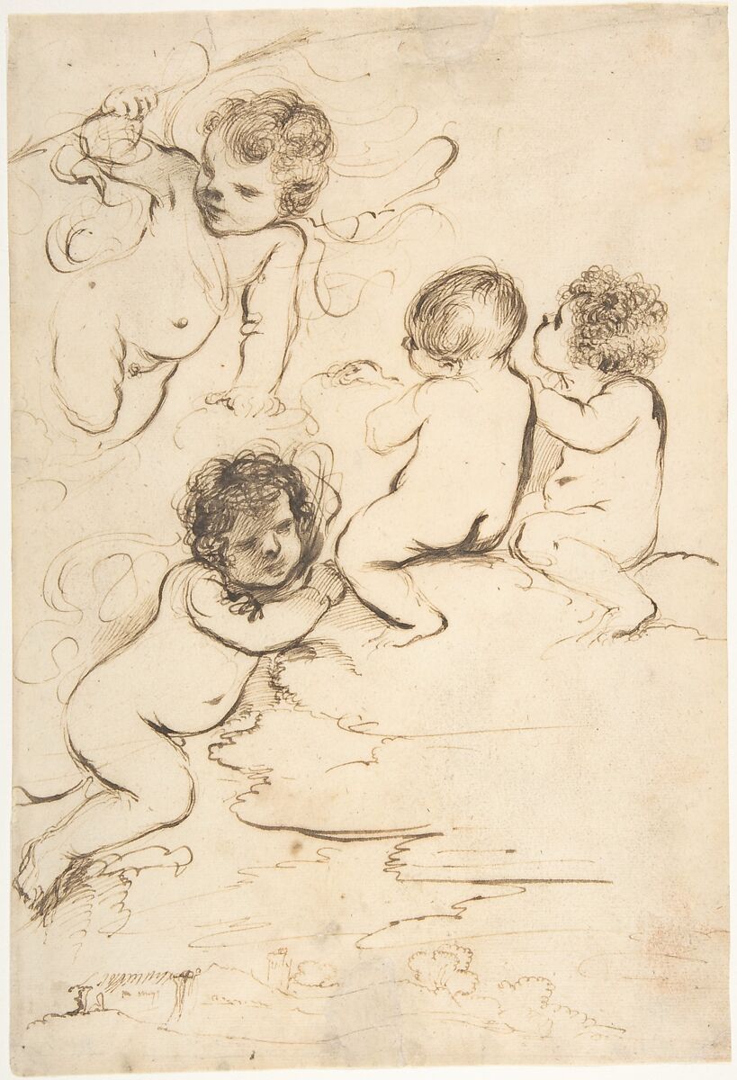 Four Putti with Bow and Arrows on Clouds above a Landscape with a Tower, Guercino (Giovanni Francesco Barbieri) (Italian, Cento 1591–1666 Bologna), Pen and brown ink, with brush and brown wash ; some red chalk transferred 