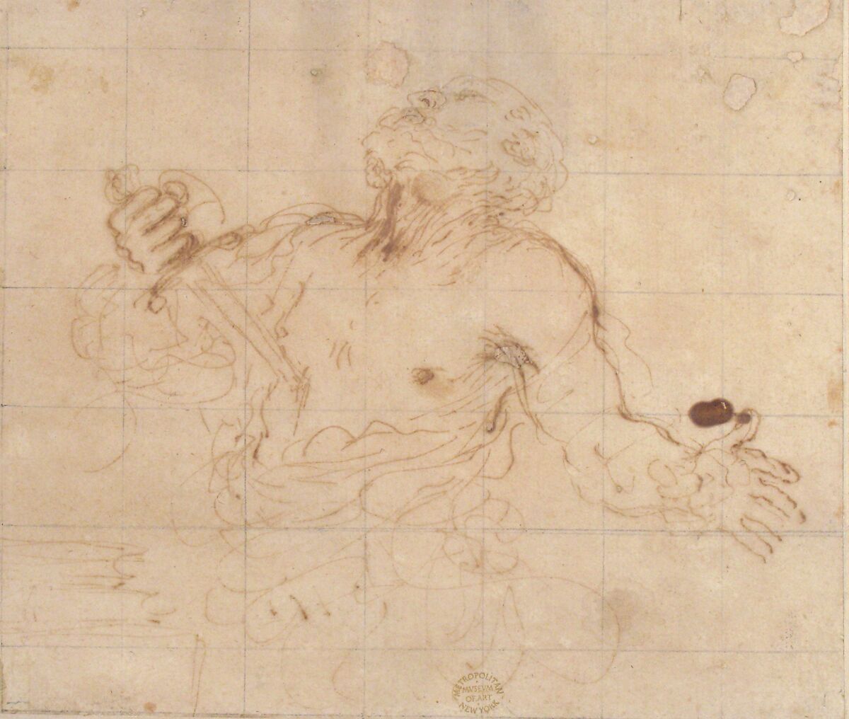 Man Stabbing Himself, Circle of Guercino (Giovanni Francesco Barbieri) (Italian, Cento 1591–1666 Bologna), Pen and brown ink, squared in black chalk