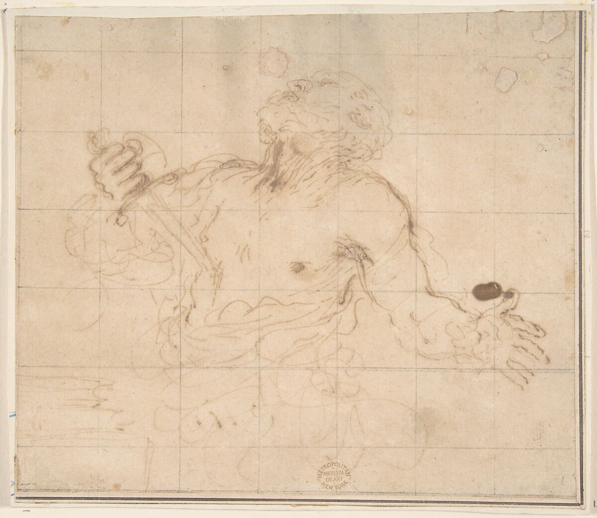 Man Stabbing Himself, Circle of Guercino (Giovanni Francesco Barbieri) (Italian, Cento 1591–1666 Bologna), Pen and brown ink, squared in black chalk 