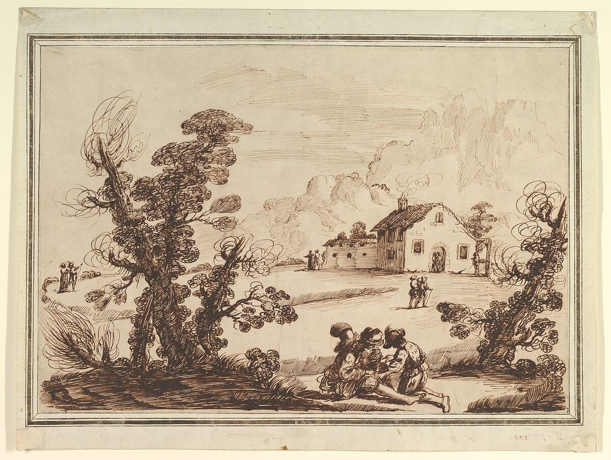 Landscape with Figures and a Farm House, 18th Century Imitator of Guercino (Giovanni Francesco Barbieri) (Italian, Cento 1591–1666 Bologna), Pen and dark brown ink, brush and dark brown wash; traces of red chalk in the figures in the first draft. 