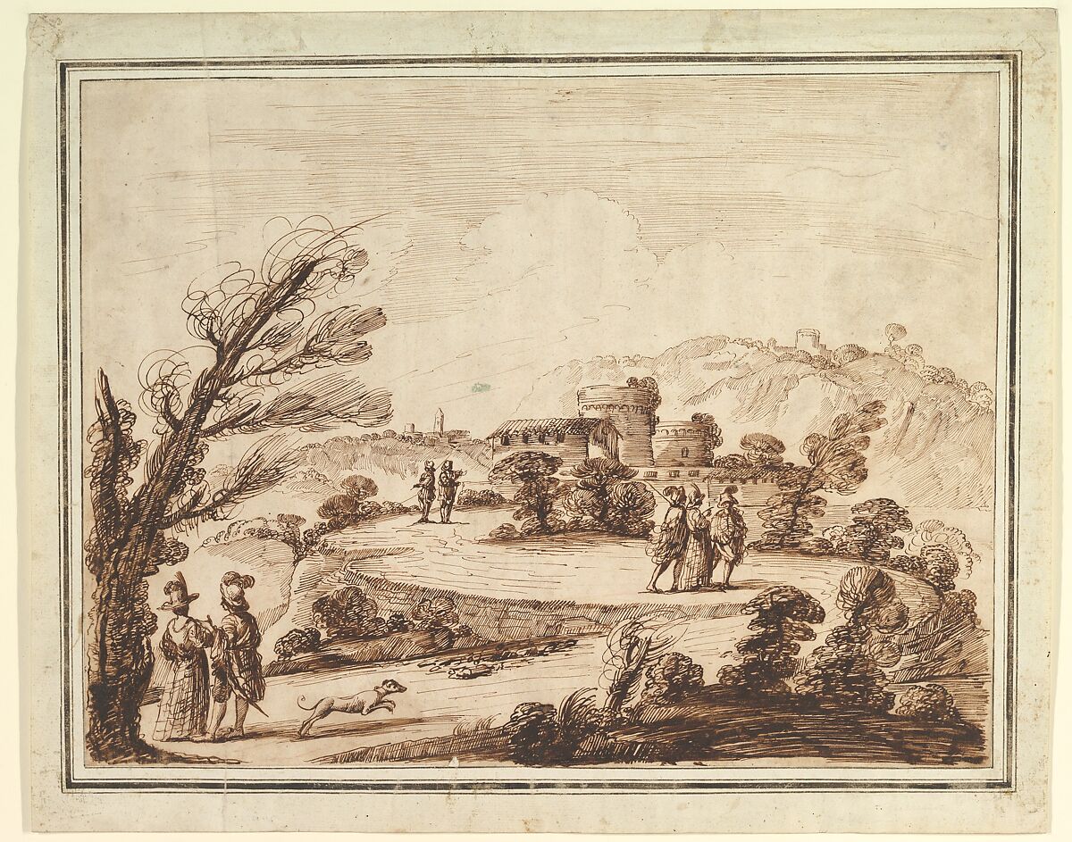 Landscape with Figures and Fortifications, 18th Century Imitator of Guercino (Giovanni Francesco Barbieri) (Italian, Cento 1591–1666 Bologna), Pen and dark brown ink, brush and black brown ink, over red chalk for the two figures at the left first plan. 