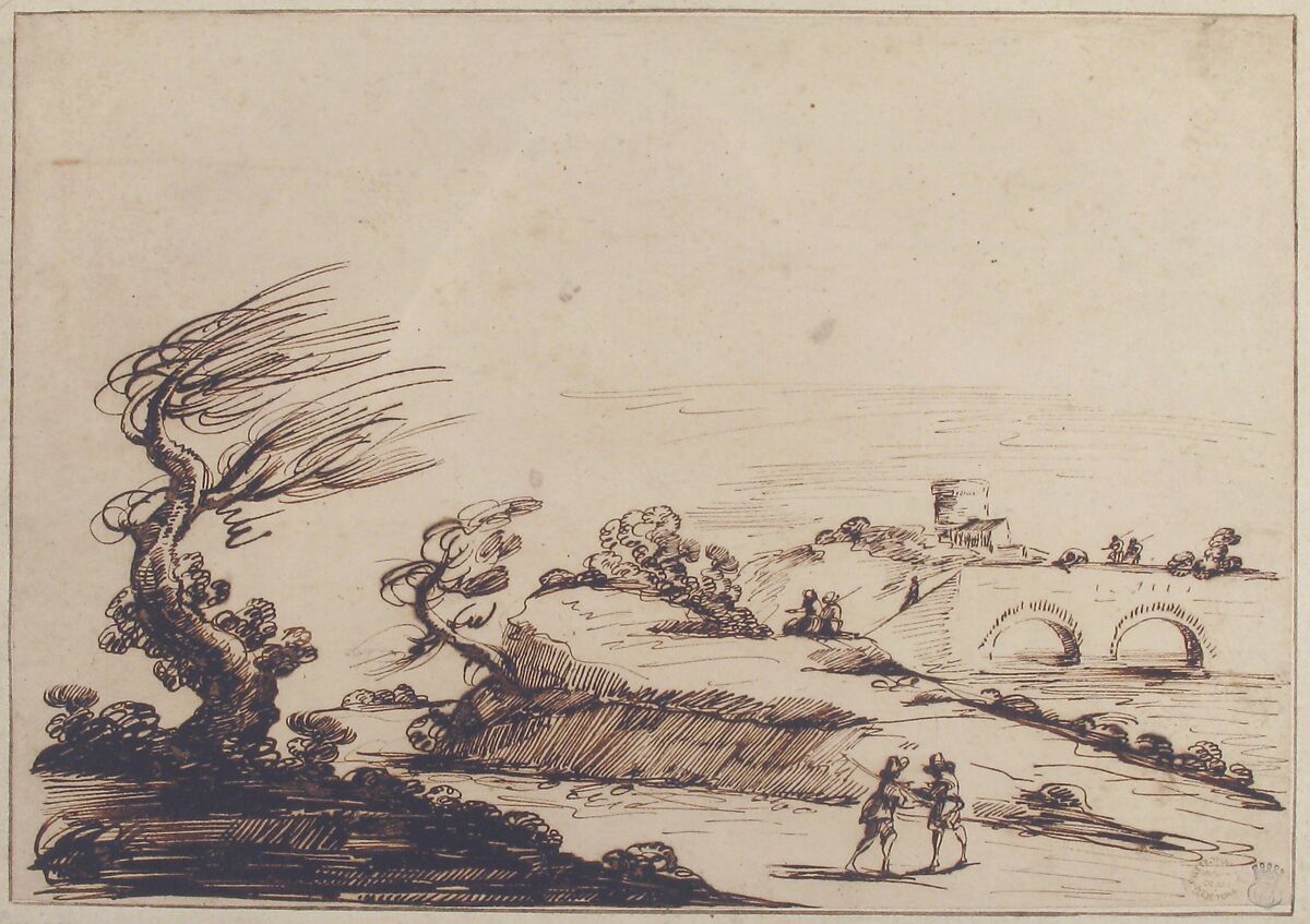 Landscape with Figures and a Two-Arched Bridge, Imitator of Guercino (Giovanni Francesco Barbieri) (Italian, Cento 1591–1666 Bologna), Pen and dark brown ink, some brush and dark brown ink