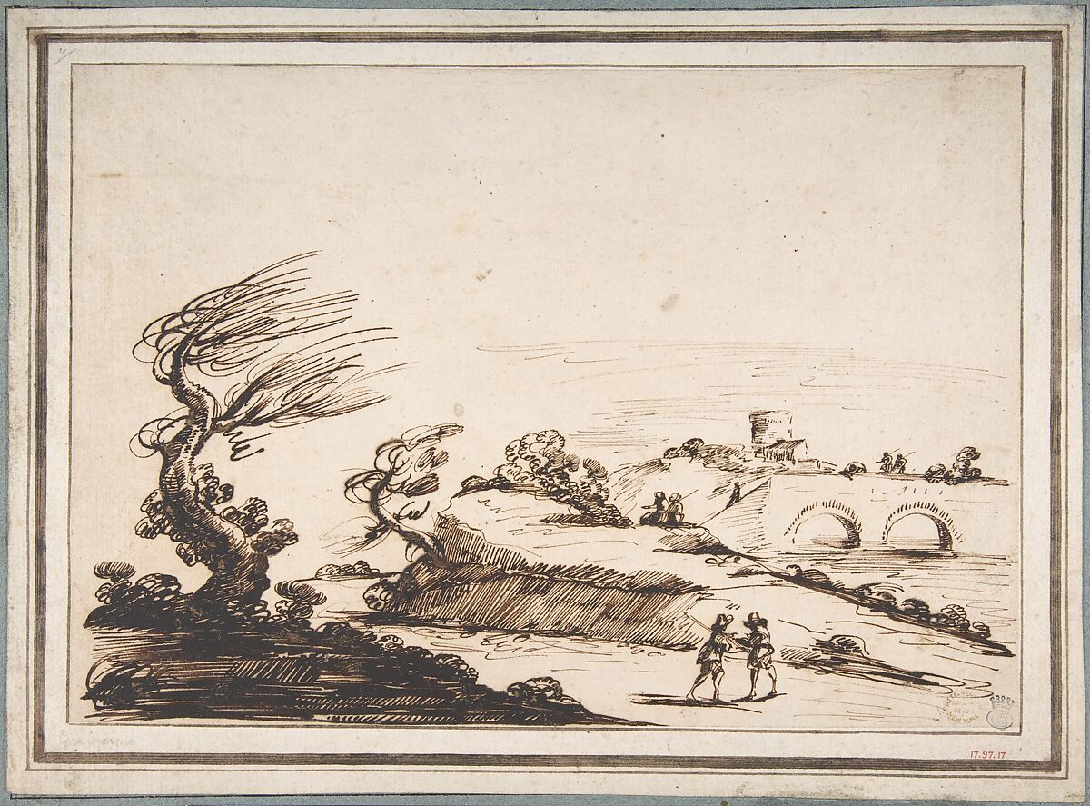 Landscape with Figures and a Two-Arched Bridge, Imitator of Guercino (Giovanni Francesco Barbieri) (Italian, Cento 1591–1666 Bologna), Pen and dark brown ink, some brush and dark brown ink 