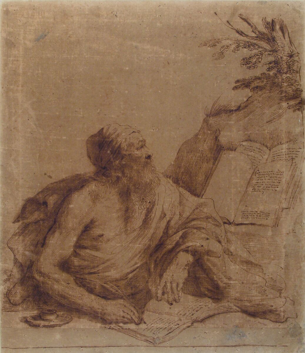 Saint Jerome Writing, Imitator of Guercino (Giovanni Francesco Barbieri) (Italian, Cento 1591–1666 Bologna), Pen and brown ink, on brownish paper