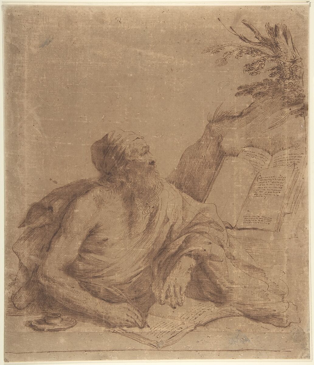 Saint Jerome Writing, Imitator of Guercino (Giovanni Francesco Barbieri) (Italian, Cento 1591–1666 Bologna), Pen and brown ink, on brownish paper 