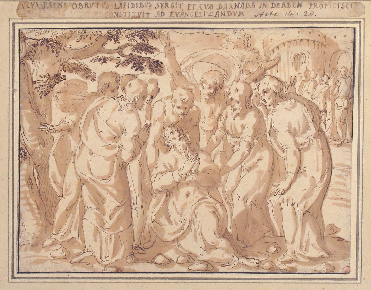 Saint Paul Surrounded by Disciples after His Lapidation at Lystra (Acts 14:20), Giovanni Guerra (Italian, Modena 1544–1618 Rome), Pen and brown ink, brush and pale brown wash