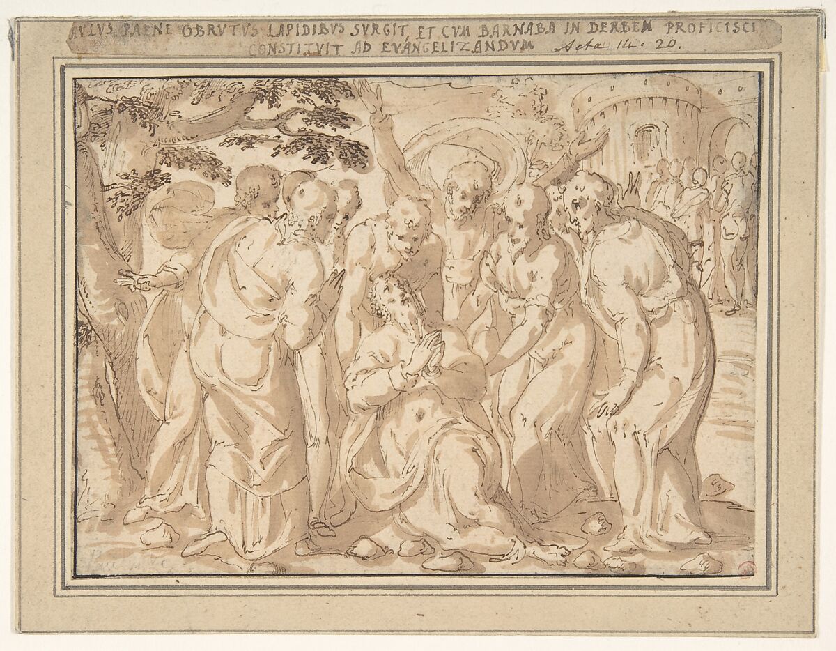 Saint Paul Surrounded by Disciples after His Lapidation at Lystra (Acts 14:20), Giovanni Guerra (Italian, Modena 1544–1618 Rome), Pen and brown ink, brush and pale brown wash 