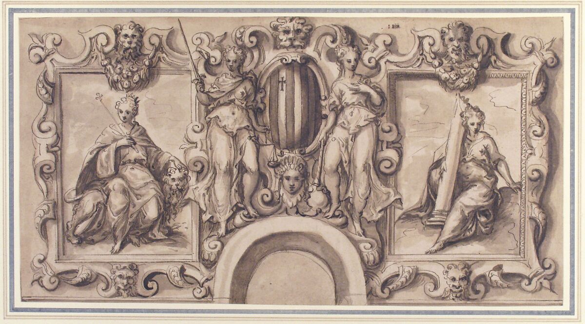 Design for a Wall Decoration over an Arched Doorway with Grimani Arms, Bernardino India (Italian, Verona 1528–1590 Verona), Pen and brown ink, brush and brown wash