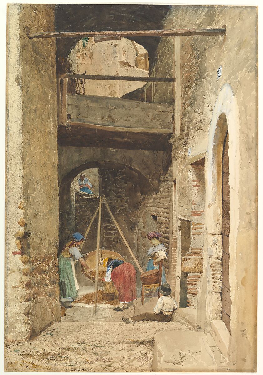 Italian Courtyard and Figures, Cavaliere Pio Joris (Italian, Rome 1843–1921 Rome), Brush and watercolor 