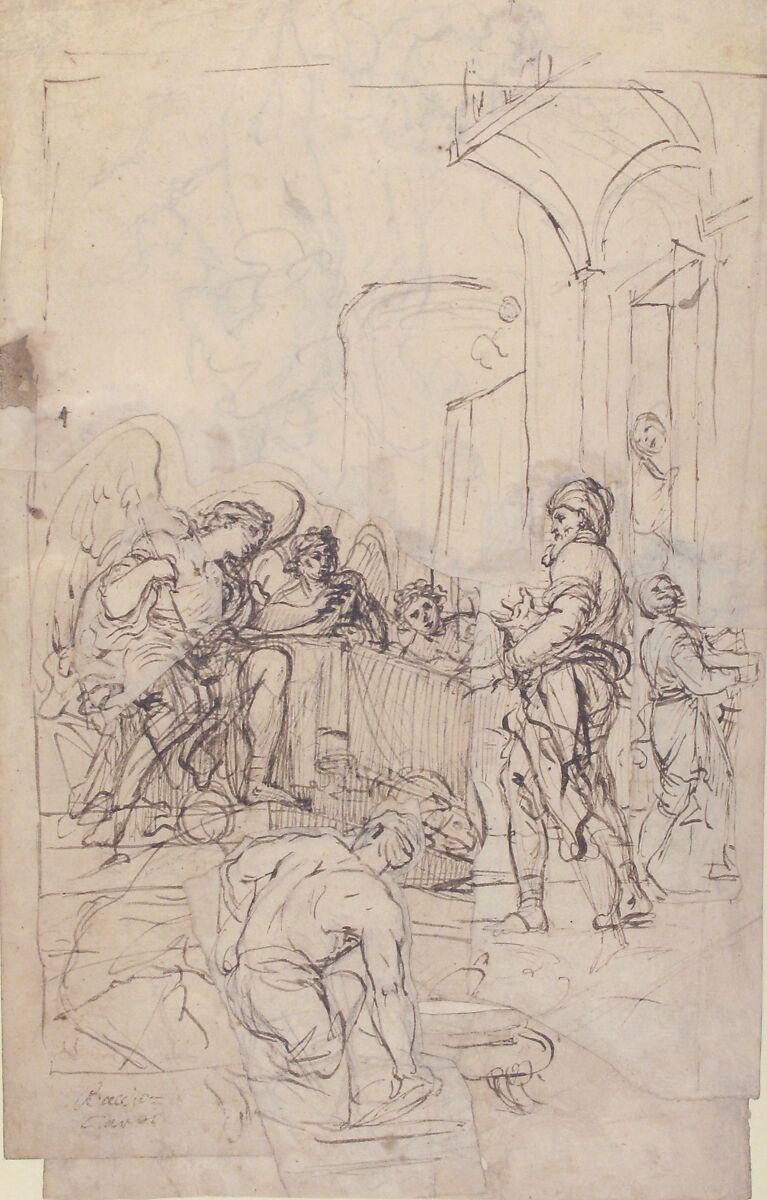 Abraham Entertaining the Three Angels (Genesis 18:1-15) (recto);  A Couple Embracing, and Other (verso), Attributed to Francesco Lamarra (Italian, Martina ca. 1710–1780 Naples (?)), Pen and brown ink, over black chalk (recto and verso)