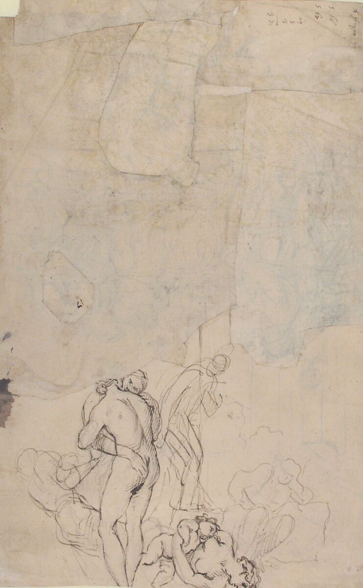 Abraham Entertaining the Three Angels (Genesis 18:1-15) (recto);  A Couple Embracing, and Other (verso), Attributed to Francesco Lamarra (Italian, Martina ca. 1710–1780 Naples (?)), Pen and brown ink, over black chalk (recto and verso)