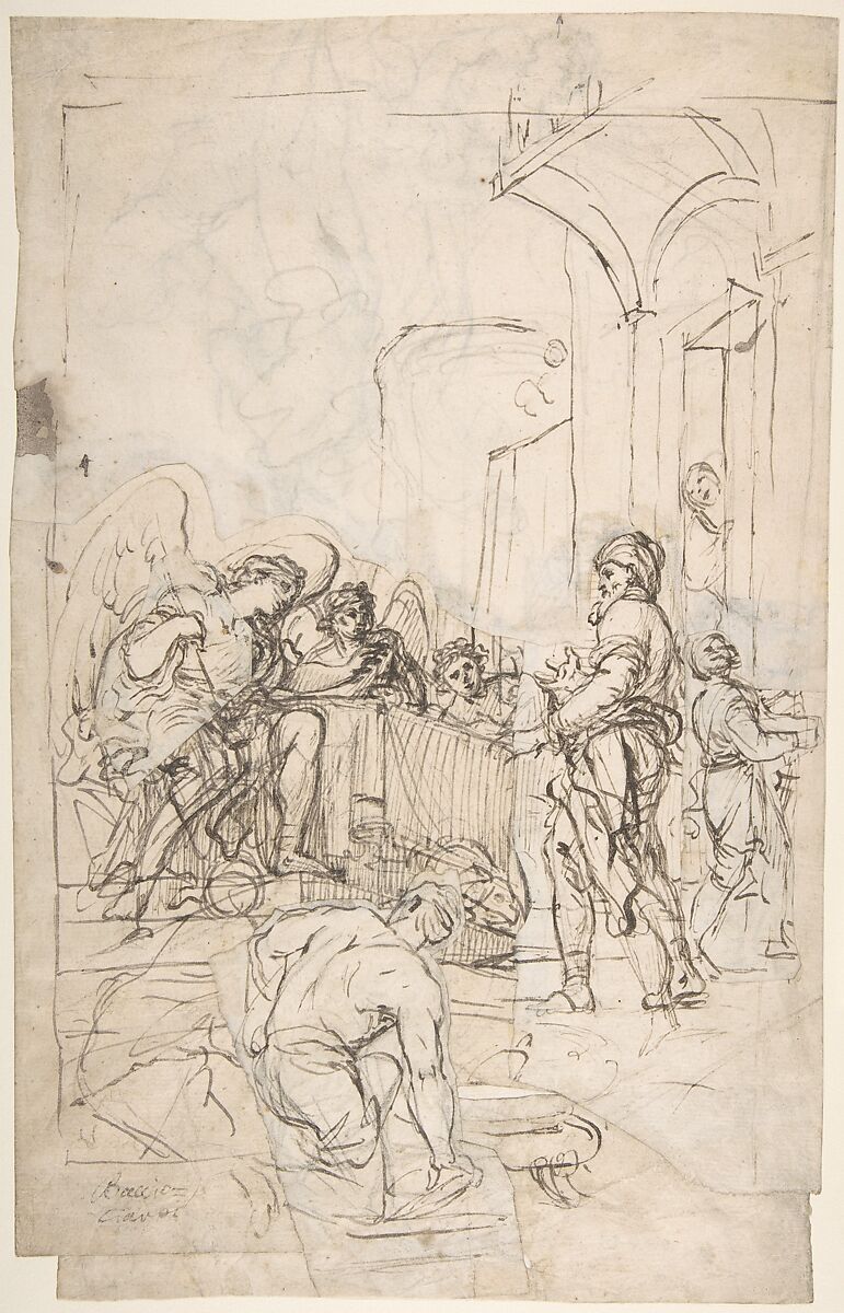 Abraham Entertaining the Three Angels (Genesis 18:1-15) (recto);  A Couple Embracing, and Other (verso), Attributed to Francesco Lamarra (Italian, Martina ca. 1710–1780 Naples (?)), Pen and brown ink, over black chalk (recto and verso) 