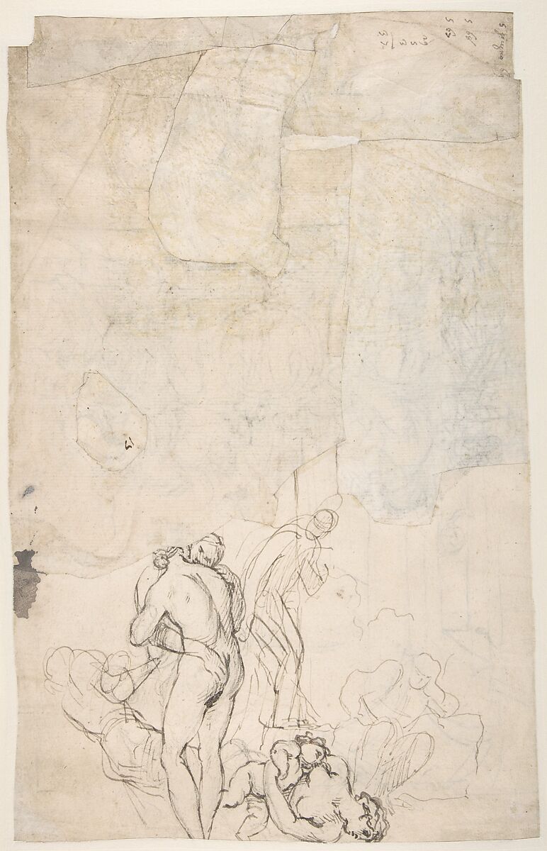 Abraham Entertaining the Three Angels (Genesis 18:1-15) (recto);  A Couple Embracing, and Other (verso), Attributed to Francesco Lamarra (Italian, Martina ca. 1710–1780 Naples (?)), Pen and brown ink, over black chalk (recto and verso)