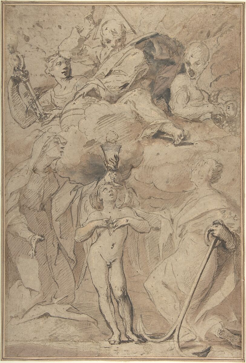 Allegory of Religion (God the Father above, Faith, Hope, and Charity below), attributed to Ludovico Lana (Italian, Codigoro near Ferrara 1597–1646 Modena), Pen and brown ink, brush and brown and rose-brown wash, highlighted with white, on brownish paper 
