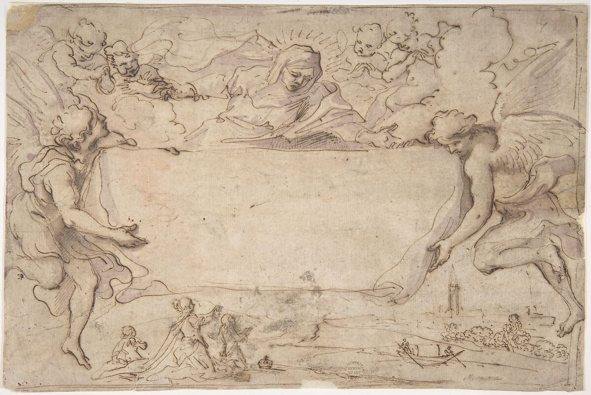 Study for Ex-voto Picture, attributed to Ludovico Lana (Italian, Codigoro near Ferrara 1597–1646 Modena), Pen and brown ink, brush and brown wash with faint lavender 