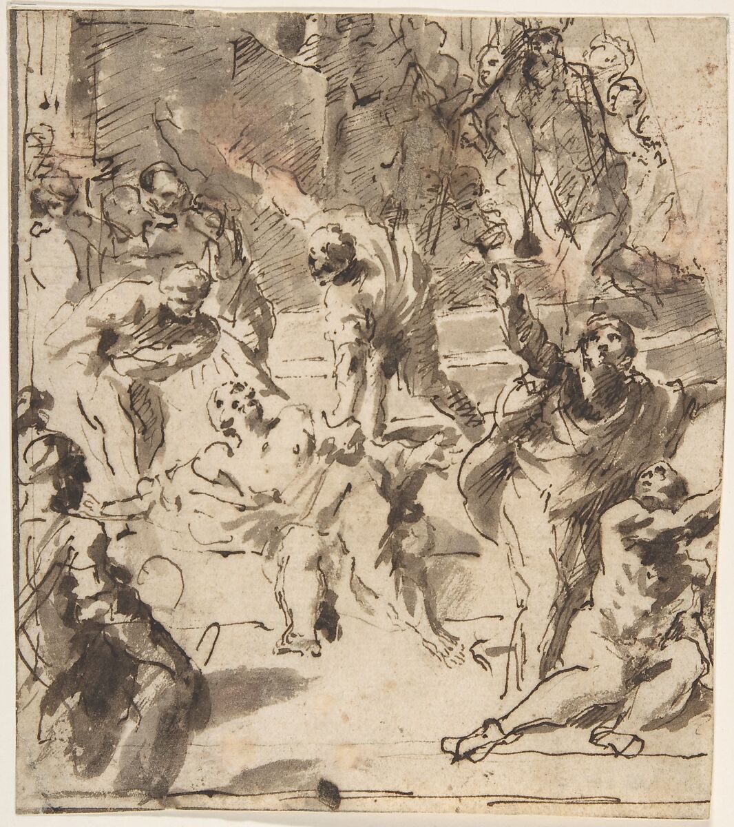 The Martyrdom of the Apostle Thomas, Giovanni Lanfranco  Italian, Pen and brown ink, brush and brown wash, spots of red wash at upper right and left
