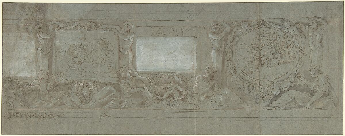 Design for a Wall Decoration with the Sacrifice of Abraham and the Flight into Egypt, Giovanni Lanfranco (Italian, Parma 1582–1647 Rome), Pen and brown ink, brush and brown wash, over traces of red chalk, highlighted with white gouache, on blue paper; architectural moldings above and below indicated in ruled black chalk lines 