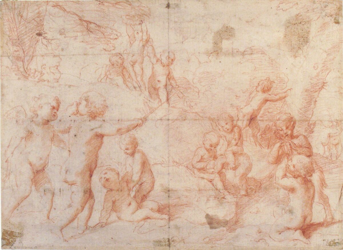 Putti and a Young Satyr at Play, Giovanni Lanfranco (Italian, Parma 1582–1647 Rome), Red chalk