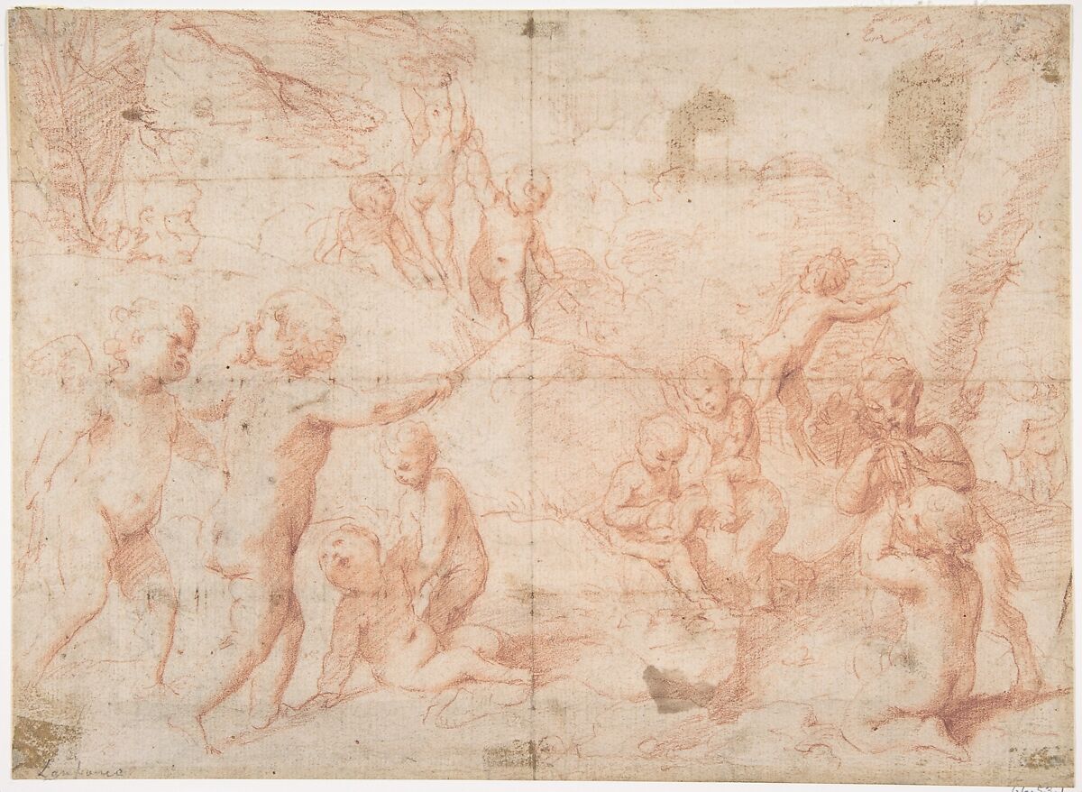 Putti and a Young Satyr at Play, Giovanni Lanfranco (Italian, Parma 1582–1647 Rome), Red chalk 