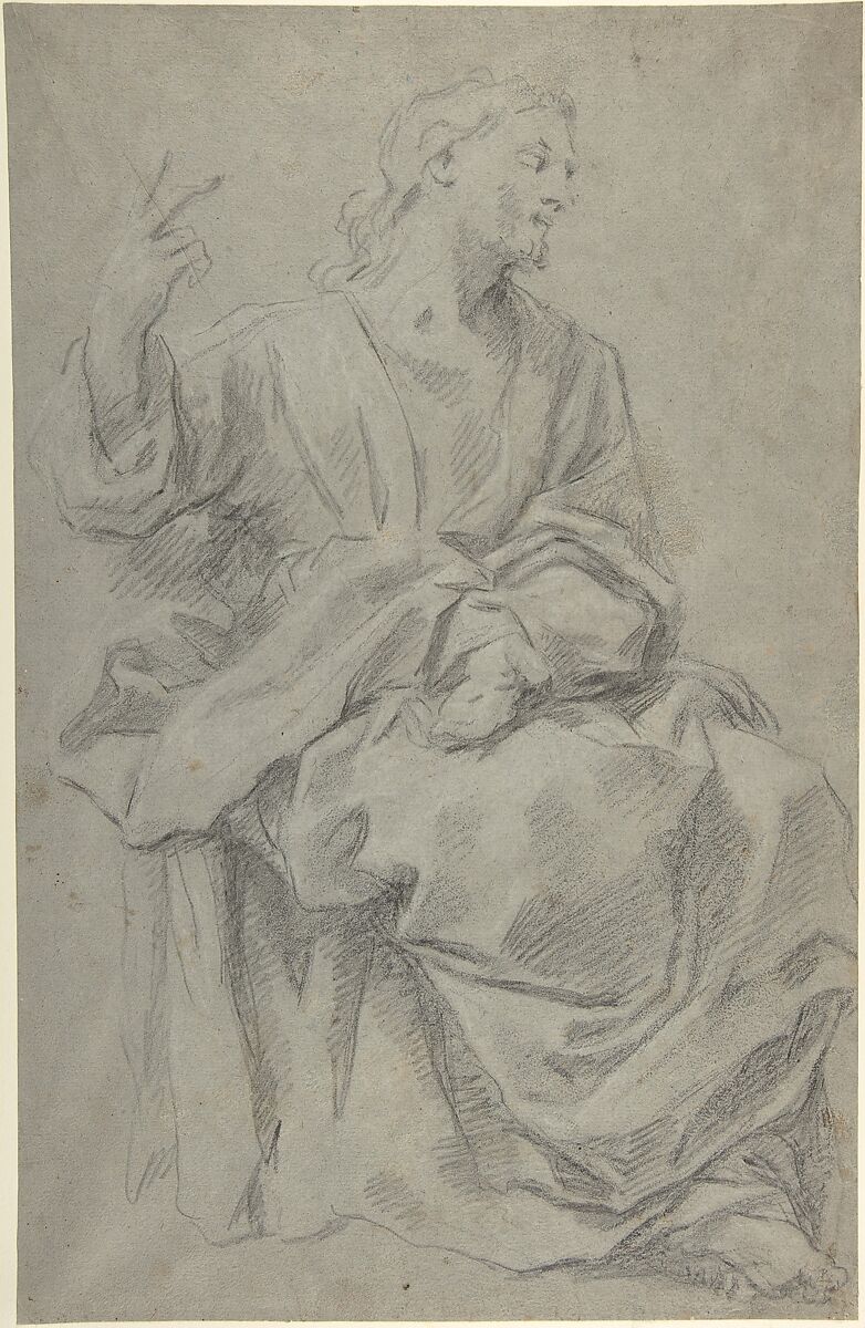 Seated Draped Male Figure (recto); Rough Studies of Putti (verso), attributed to Giovanni Lanfranco (Italian, Parma 1582–1647 Rome), Black chalk, faint traces of white on gray-blue paper (recto); black chalk (verso) 