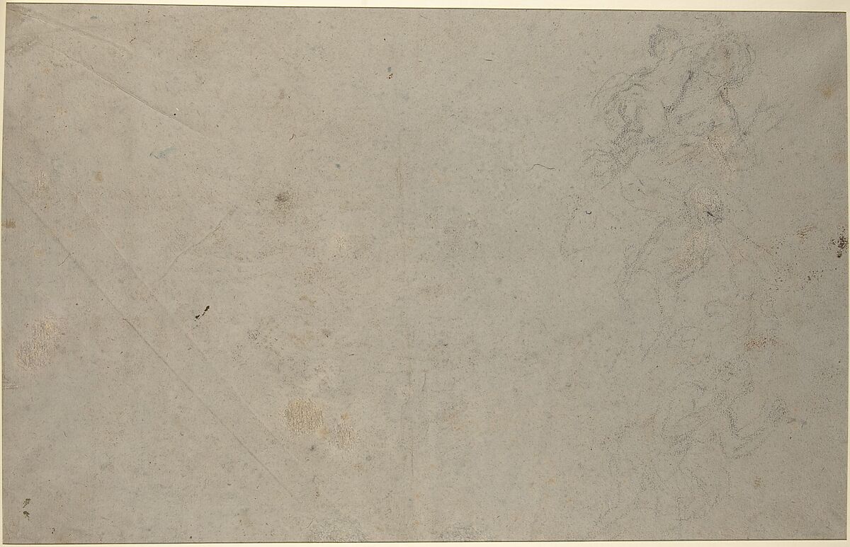 Seated Draped Male Figure (recto); Rough Studies of Putti (verso), attributed to Giovanni Lanfranco (Italian, Parma 1582–1647 Rome), Black chalk, faint traces of white on gray-blue paper (recto); black chalk (verso)