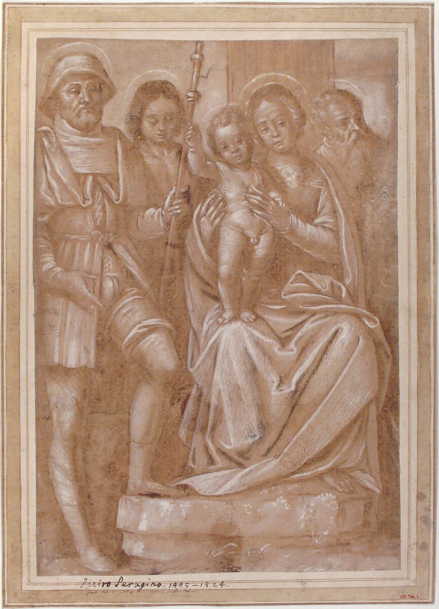The Virgin and Child with Saint Roch and Two Other Male Saints, Attributed to Bernardino Lanino (Italian, Vercelli or Mortara 1509/13– 1582/83 Vercelli), Pen and brown ink, brush and brown wash, highlighted with white, over black chalk, on brown-washed paper; traces of squaring in black chalk