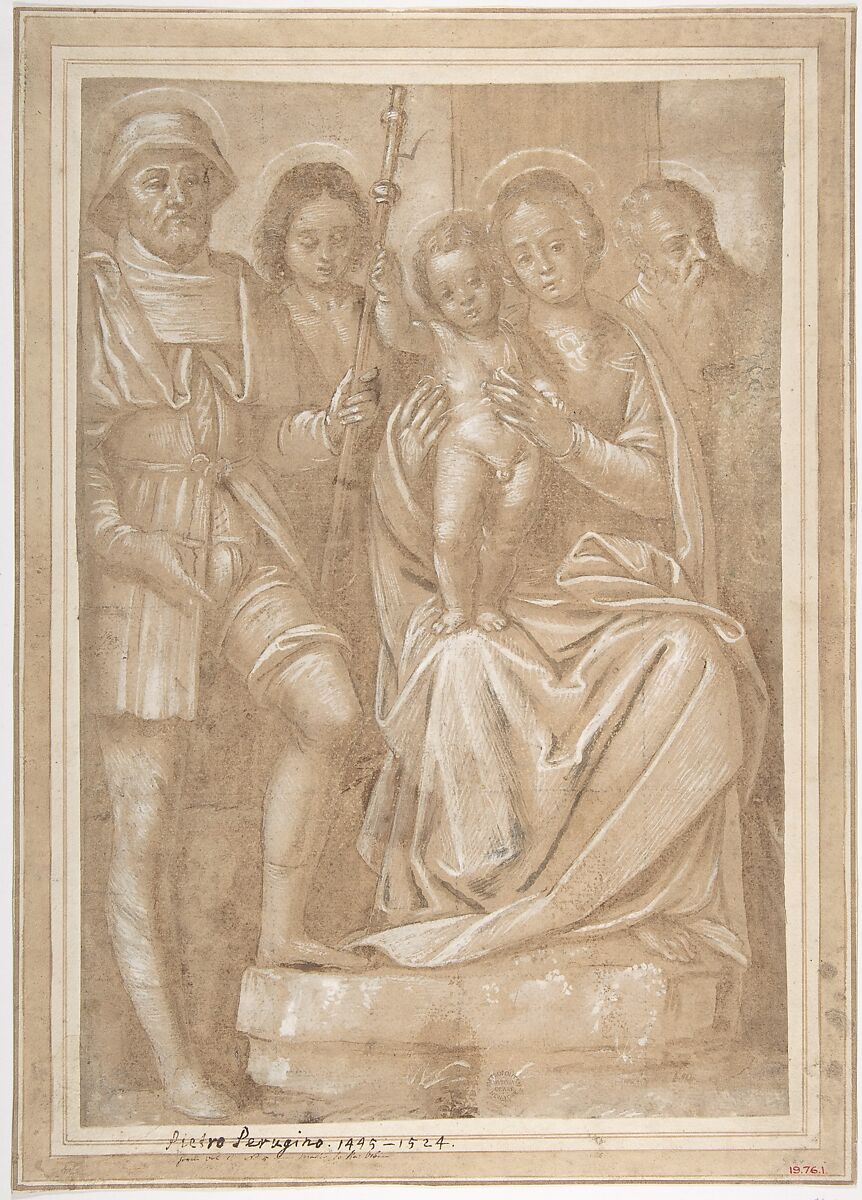 The Virgin and Child with Saint Roch and Two Other Male Saints, Attributed to Bernardino Lanino (Italian, Vercelli or Mortara 1509/13– 1582/83 Vercelli), Pen and brown ink, brush and brown wash, highlighted with white, over black chalk, on brown-washed paper; traces of squaring in black chalk 