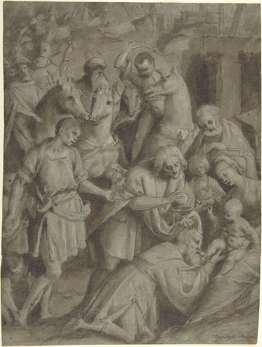The Adoration of the Magi, Bernardino Lanino (Italian, Vercelli or Mortara 1509/13– 1582/83 Vercelli), Pen and brown ink, brush and brown wash, highlighted with white gouache, over black chalk, on blue paper 