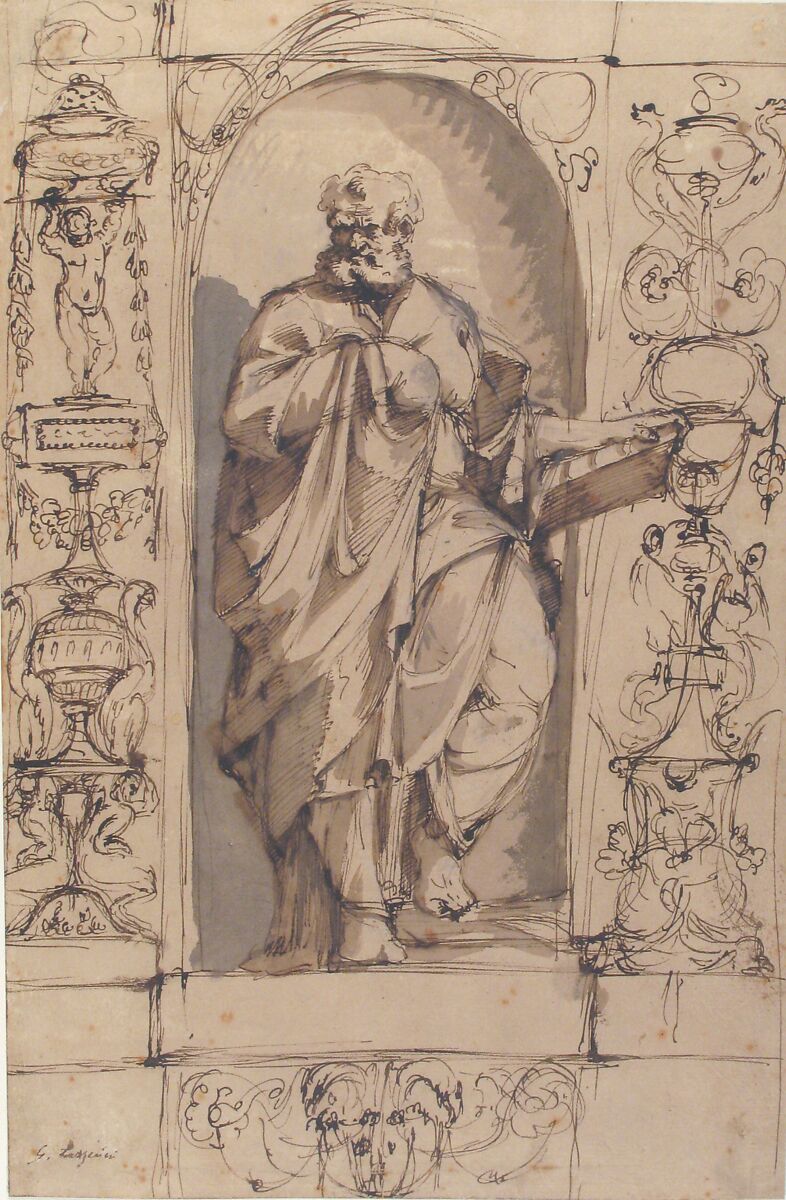 Draped Male Figure Standing in a Niche, attributed to Gregorio Lazzarini (Italian, Venice 1655–1730 Villa Bona near Polesine), Pen and brown ink, brush with brown and gray wash, on light brown washed paper