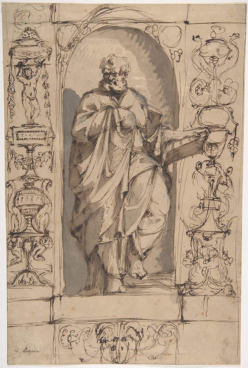 Draped Male Figure Standing in a Niche, attributed to Gregorio Lazzarini (Italian, Venice 1655–1730 Villa Bona near Polesine), Pen and brown ink, brush with brown and gray wash, on light brown washed paper 