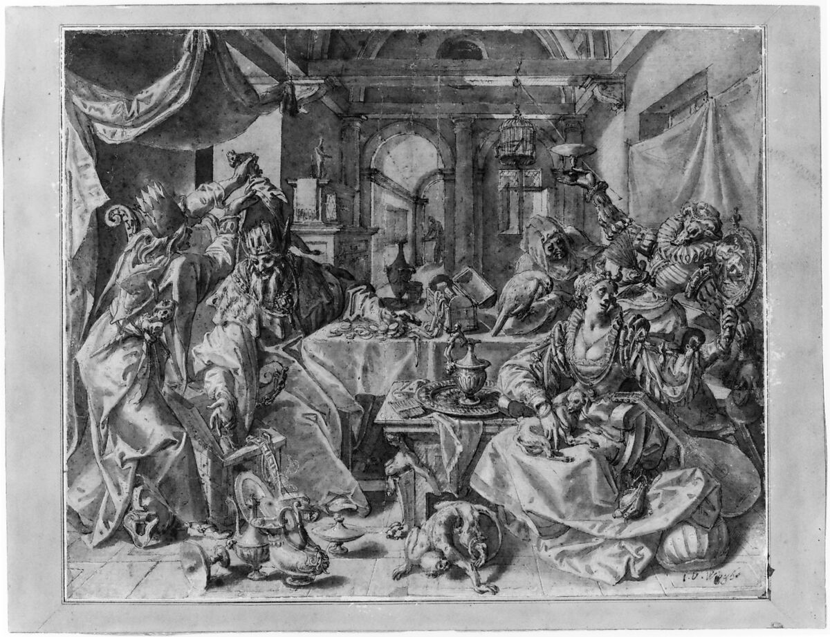 Allegory of Wealth, Lust and Stupidity, Joos van Winghe (Flemish, 1542/44–1603), Pen and brush and brown ink, white body color