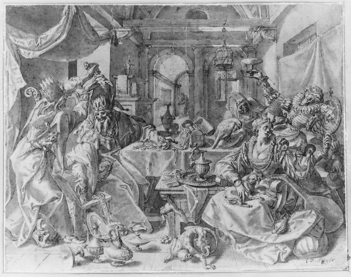 Allegory of Wealth, Lust and Stupidity, Joos van Winghe (Flemish, 1542/44–1603), Pen and brush and brown ink, white body color