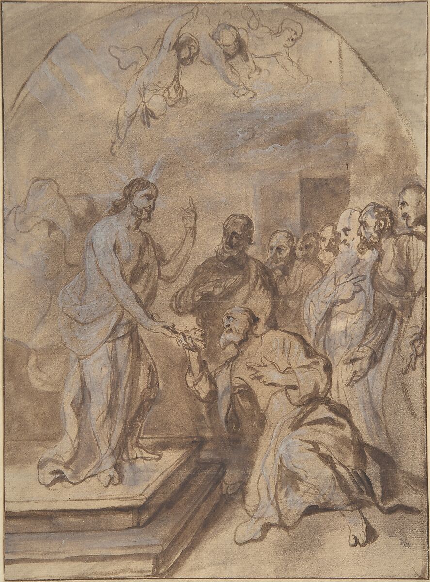 The Delivery of the Keys to Saint Peter, Jan Boeckhorst (Flemish, Münster or Rees ca. 1604–1668 Antwerp), Brush and brown ink and wash, heightened with white 