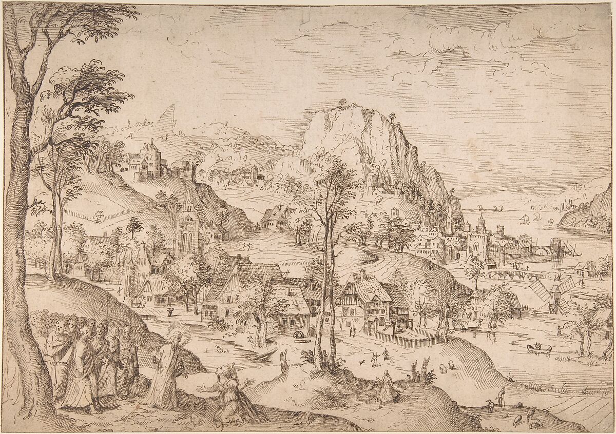 Panoramic Mountainous Estuary Landscape, with Christ and the Woman of Canaan, Lucas Gassel (Flemish, Helmond ca. 1495/1500–ca. 1570 Brussels), Pen and brown ink 