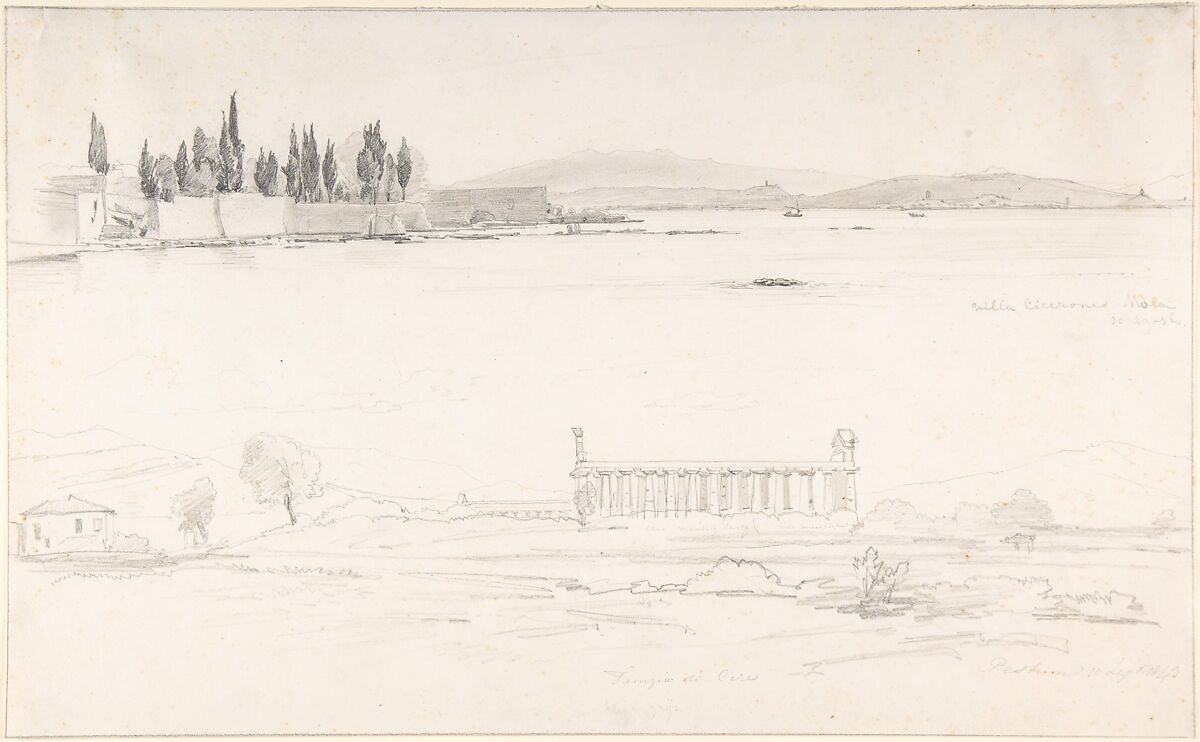 Studies of the Villa Cicerone at the Lago Lucrino near Naples and of the Temple at Paestum (Italy), Pierre Louis Dubourcq (Dutch, Amsterdam 1815–1873 Amsterdam), Graphite; framing lines in graphite 