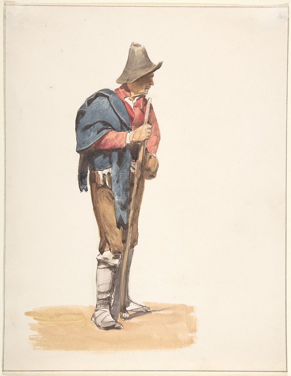 Italian Farmer, Pierre Louis Dubourcq (Dutch, Amsterdam 1815–1873 Amsterdam), Watercolor over graphite; framing lines in graphite 