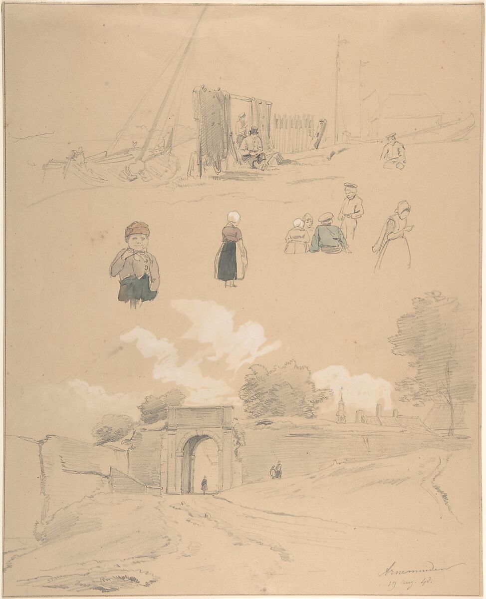 Study Sheet with Figures and Landscapes at Arnemuiden (near Middelburg, The Netherlands), Pierre Louis Dubourcq (Dutch, Amsterdam 1815–1873 Amsterdam), Pencil, watercolor, and some white bodycolor 