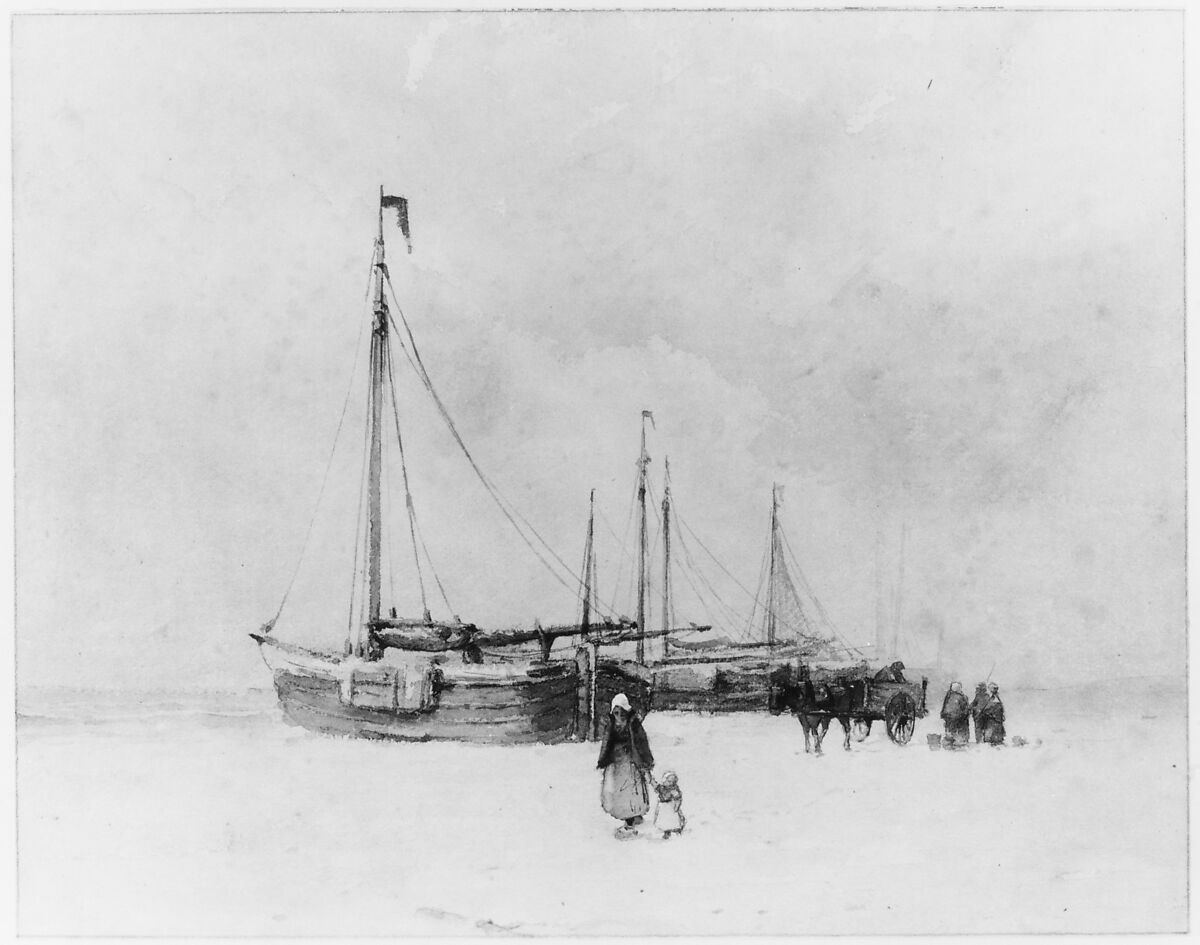 Fishing Boats on the Beach in Winter, Anton Mauve (Dutch, Zaandam 1838–1888 Arnhem), Black chalk, watercolor, some white bodycolor; framing lines in black chalk