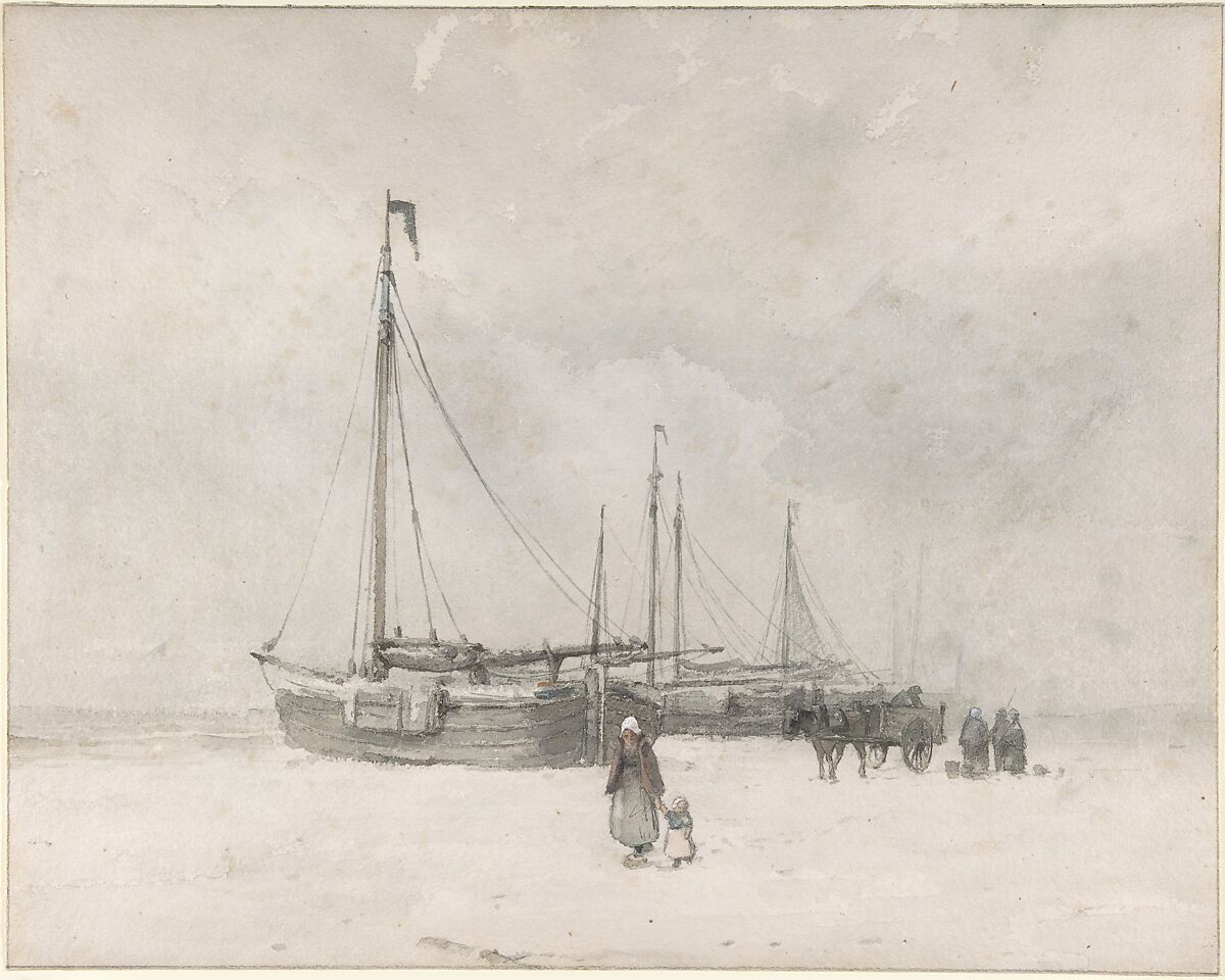 Fishing Boats on the Beach in Winter, Anton Mauve (Dutch, Zaandam 1838–1888 Arnhem), Black chalk, watercolor, some white bodycolor; framing lines in black chalk 