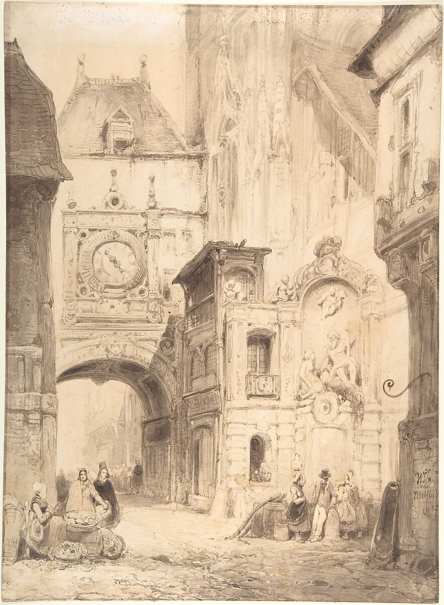 Rue du Gros Horloge, Rouen, Wijnand Jan Joseph Nuijen (Dutch, 1813–1839), Pencil, brown wash, white body color, over black chalk 