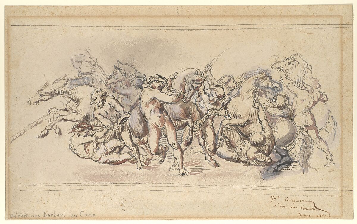 Start of the Race of the Barberi Horses, Rome, Jean-Baptiste Carpeaux (French, Valenciennes 1827–1875 Courbevoie), Pen and ink, watercolor, and gouache on wove paper 