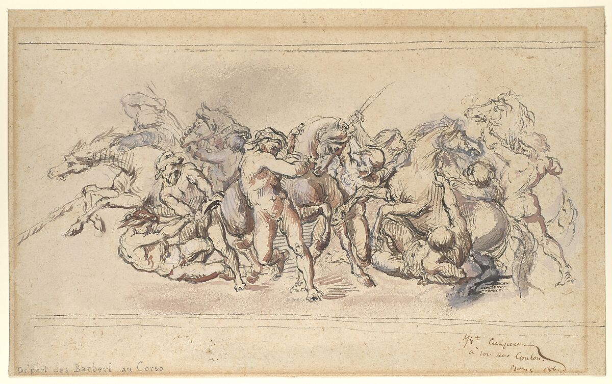 Start of the Race of the Barberi Horses, Rome, Jean-Baptiste Carpeaux (French, Valenciennes 1827–1875 Courbevoie), Pen and brown ink, watercolor, and gouache on wove paper 