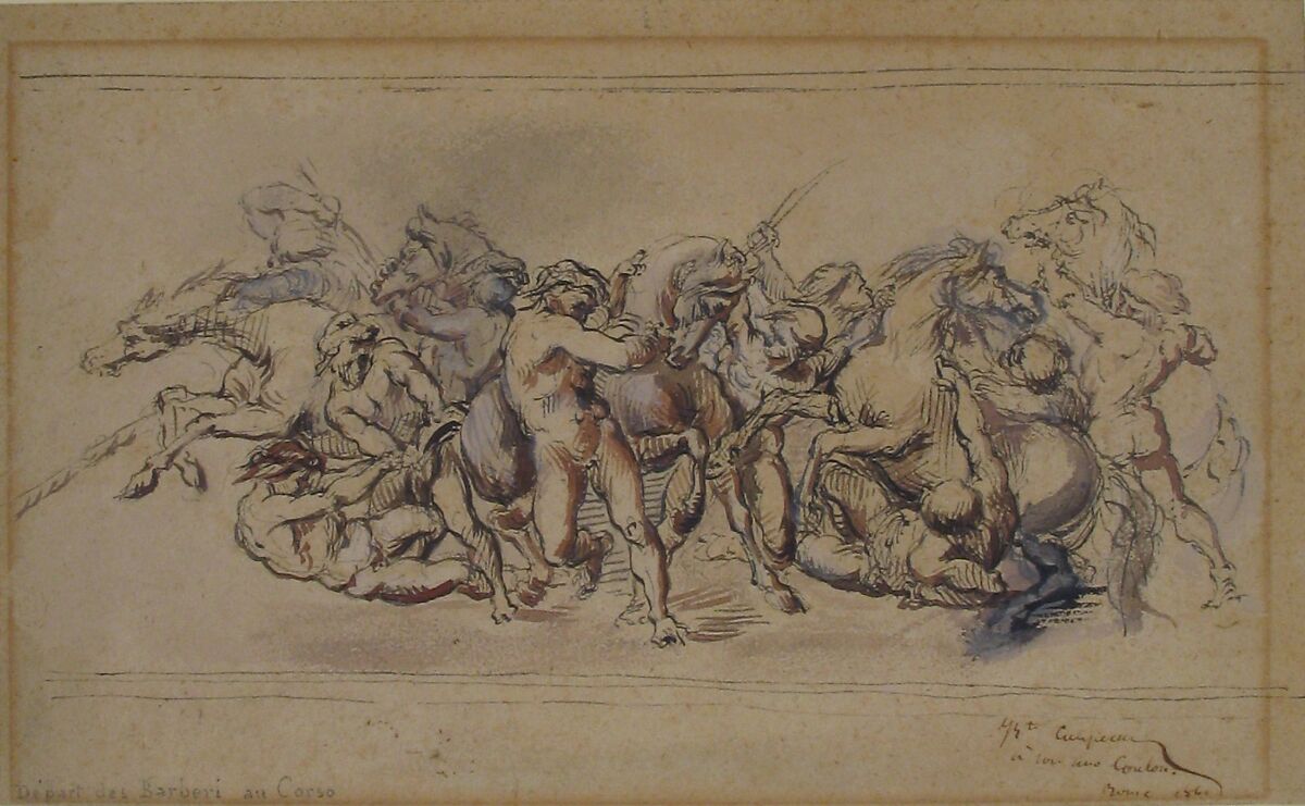 Start of the Race of the Barberi Horses, Rome, Jean-Baptiste Carpeaux (French, Valenciennes 1827–1875 Courbevoie), Pen and brown ink, watercolor, and gouache