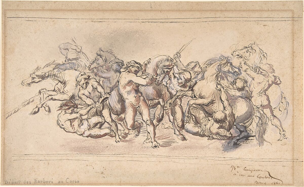 Start of the Race of the Barberi Horses, Rome, Jean-Baptiste Carpeaux (French, Valenciennes 1827–1875 Courbevoie), Pen and brown ink, watercolor, and gouache