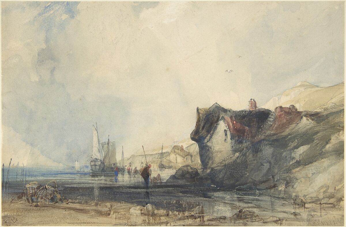 View on the coast at Deal, Charles Bentley (British, London 1805/1806–1854 London), Watercolor with touches of gouache (bodycolor) over graphite 