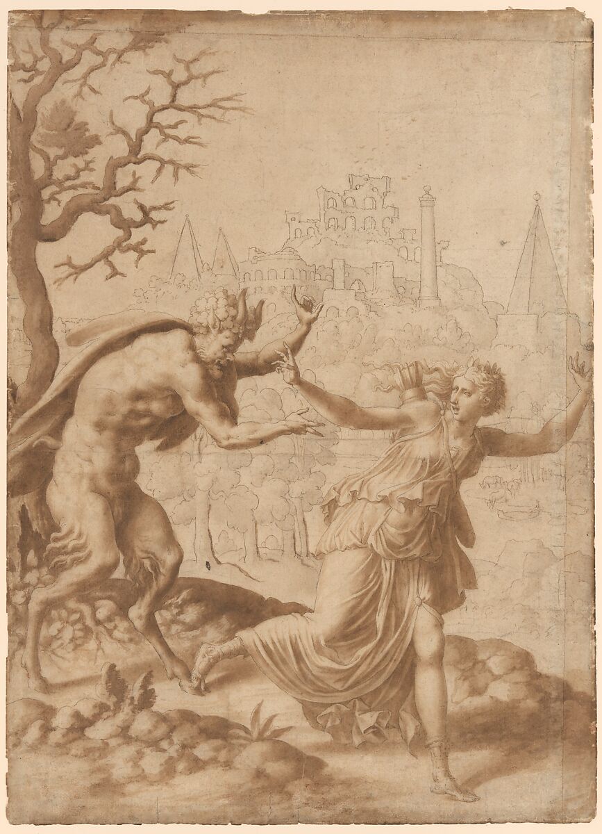 A Satyr Pursuing a Nymph, Anonymous, French, School of Fontainebleau, 16th century, Pen and brown ink, brush and brown wash, over traces of black chalk 