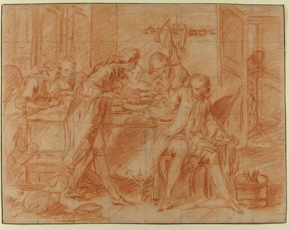 Paté d'Anguille, Circle of Nicolas Lancret (French, Paris 1690–1743 Paris), Red chalk, over traces of black chalk; squared in black chalk