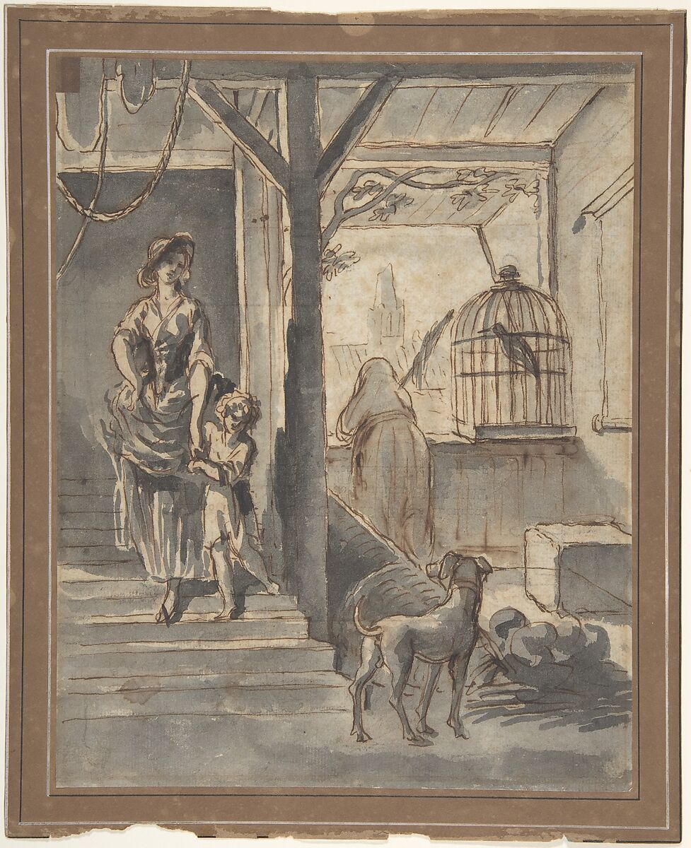 Woman and Child on Stairs, Pierre Lélu (French, Paris 1741–1810 Paris), Pen and brown ink, brush and gray washes over red chalk underdrawing 