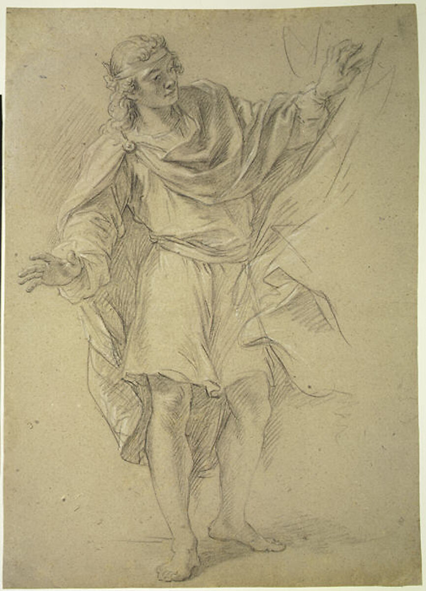 Man Pulling a Curtain Aside, Etienne Parrocel (French, Avignon 1696–1776 Rouen), Black and white chalk